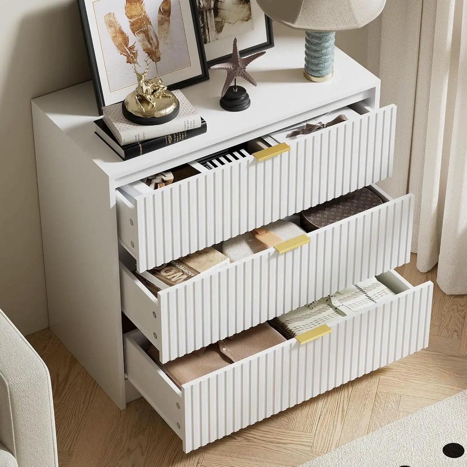 White Contemporary Dresser With Three Drawers And Fluted Panels from PriceLows™