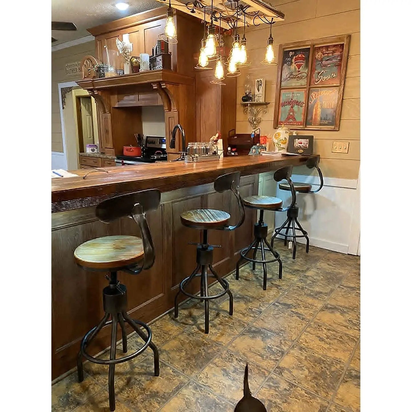 Adjustable Rustic Industrial Bar Stool Brown Seat Set of 2 from PriceLows™
