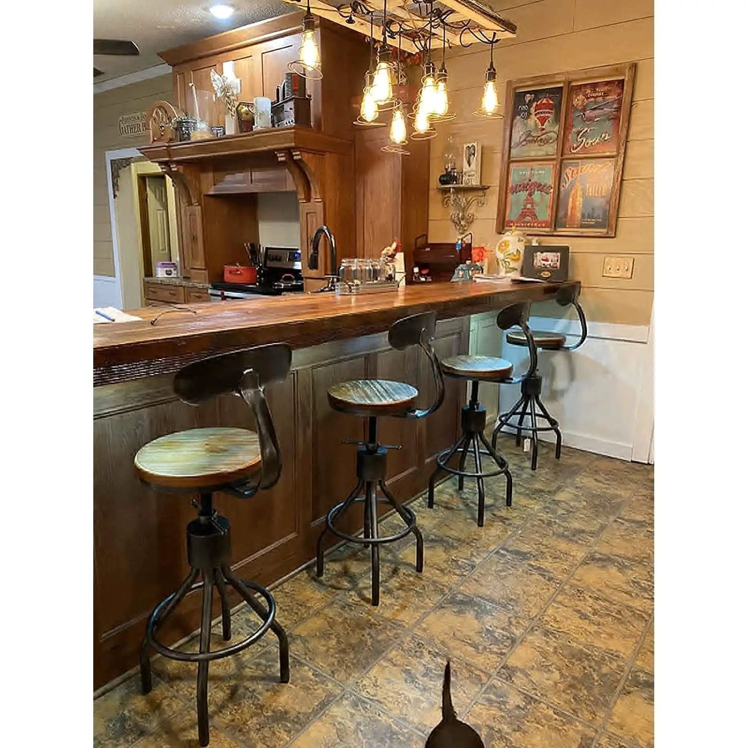 Adjustable Rustic Industrial Bar Stool Brown Seat Set of 2 from PriceLows™