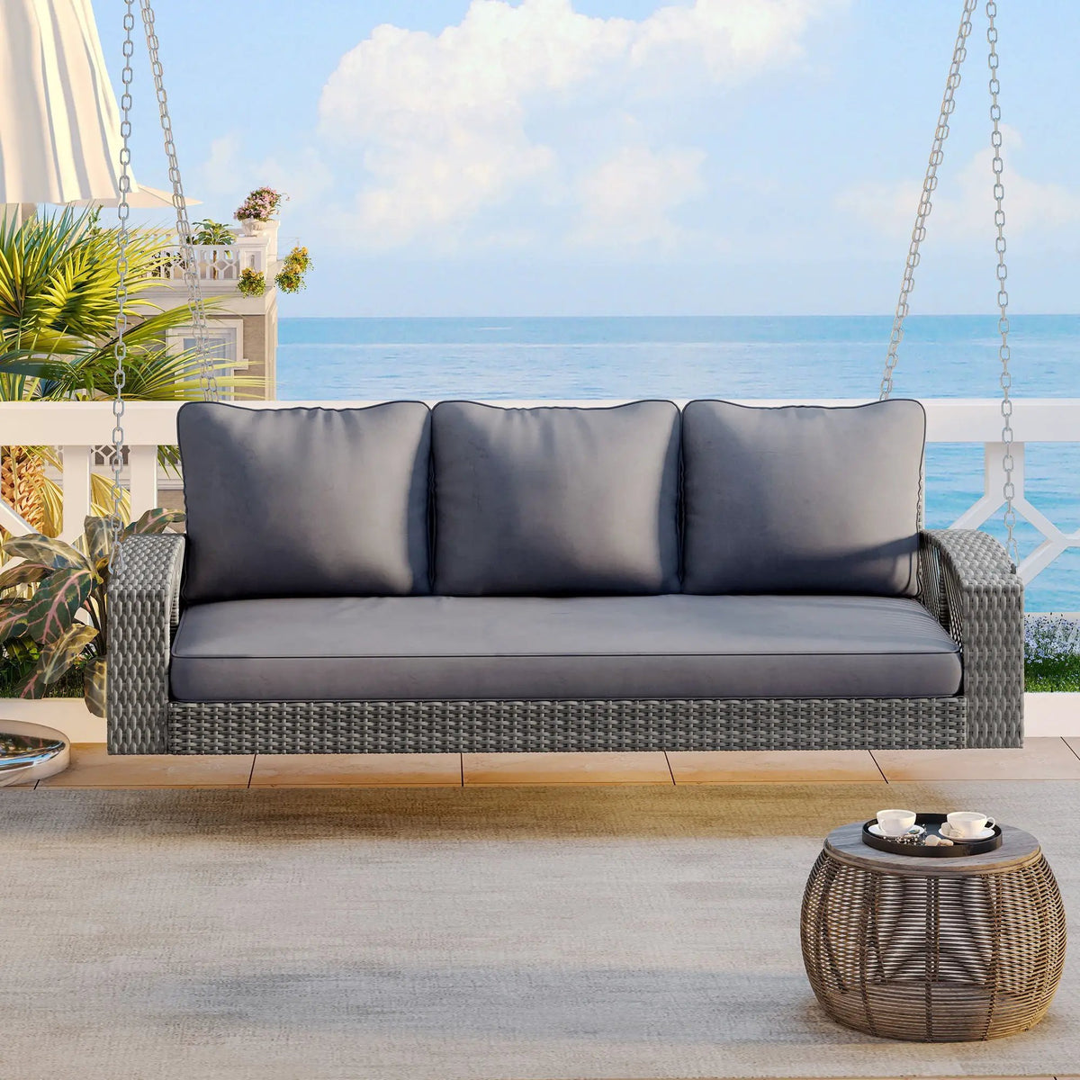 3 Person Patio Swing Bench | Hand-Woven PE Rattan | Cushions Included | Double-Strand Weave