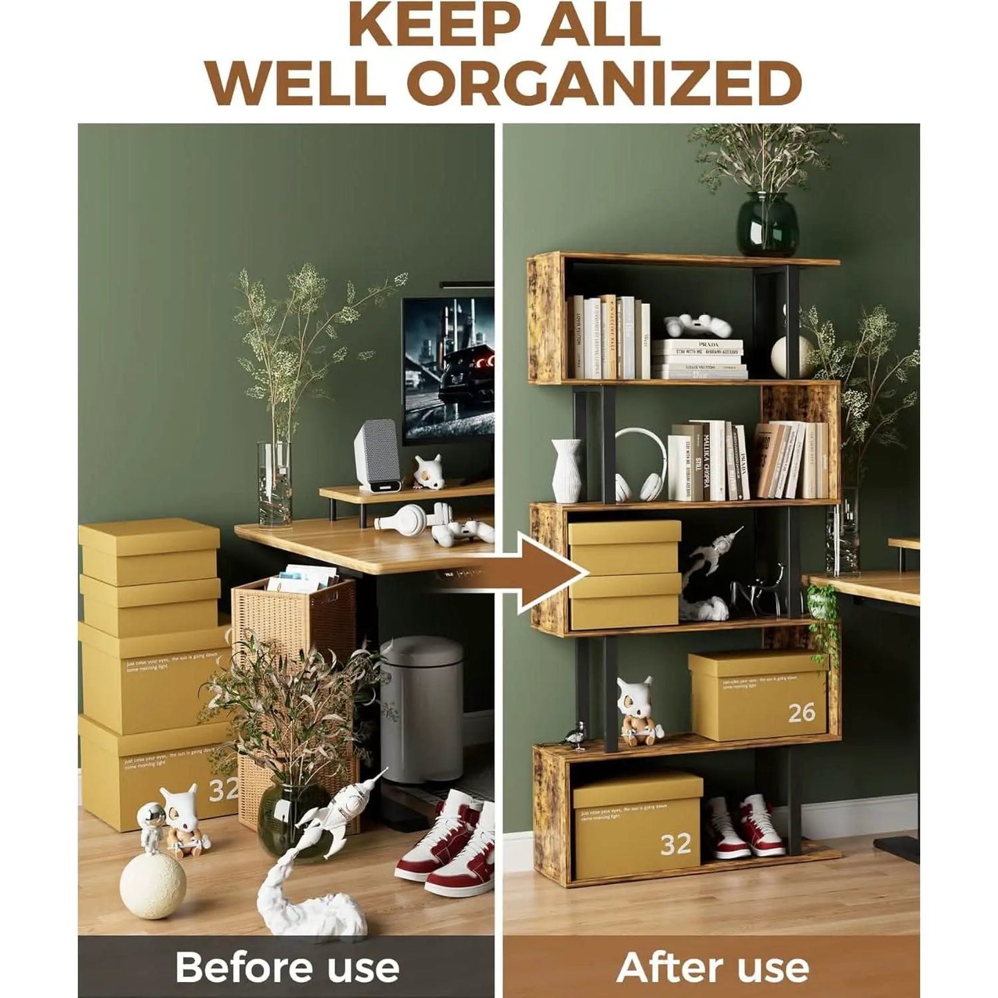 5-Tier S Shaped Bookcase In Rustic Brown Wood Shelving from PriceLows™