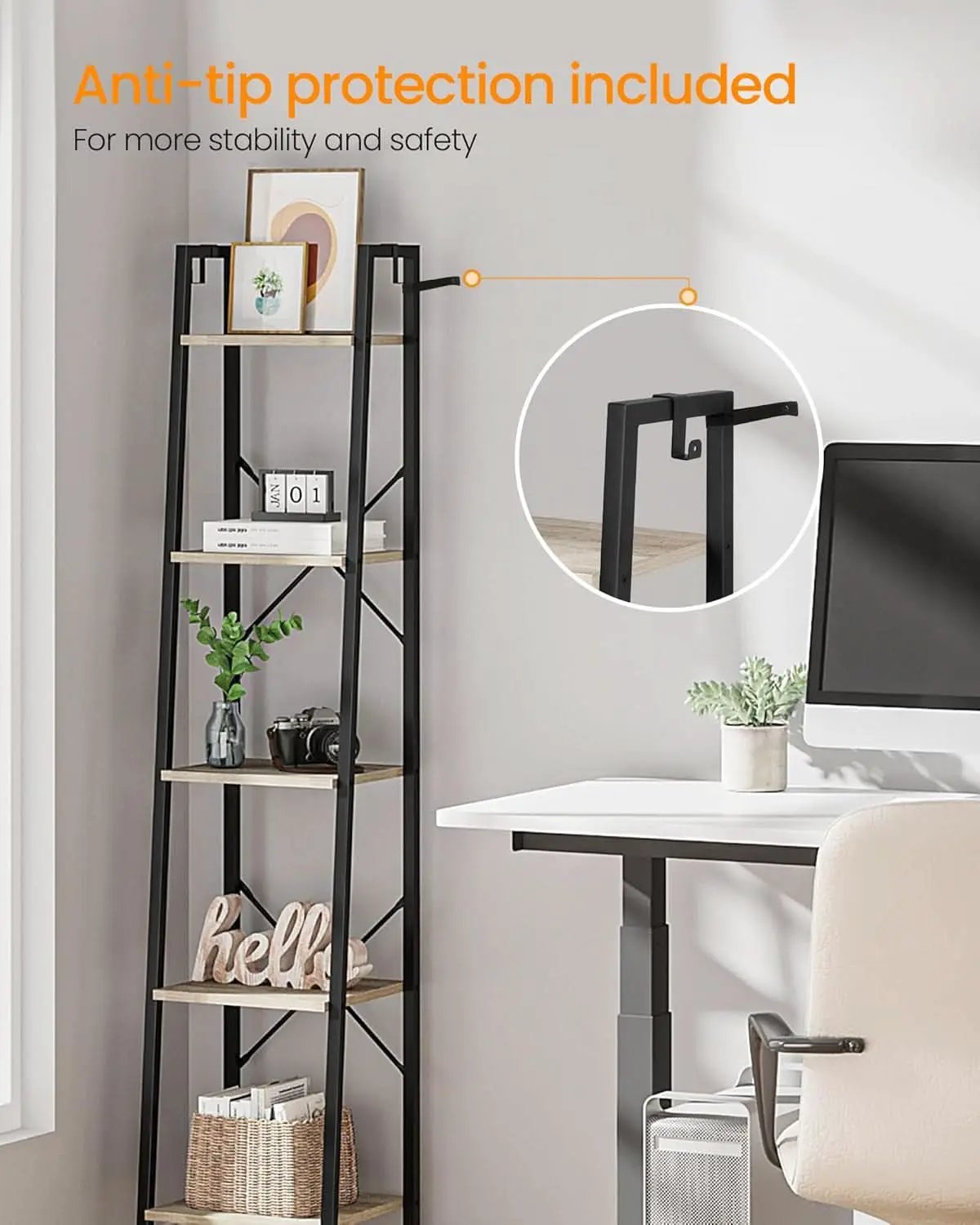 Greige 5 Tier Ladder Shelf Bookcase Freestanding Corner from PriceLows™