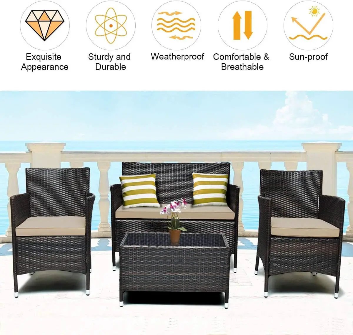 4-Piece Outdoor Rattan Conversation Set with Cushions from PriceLows™
