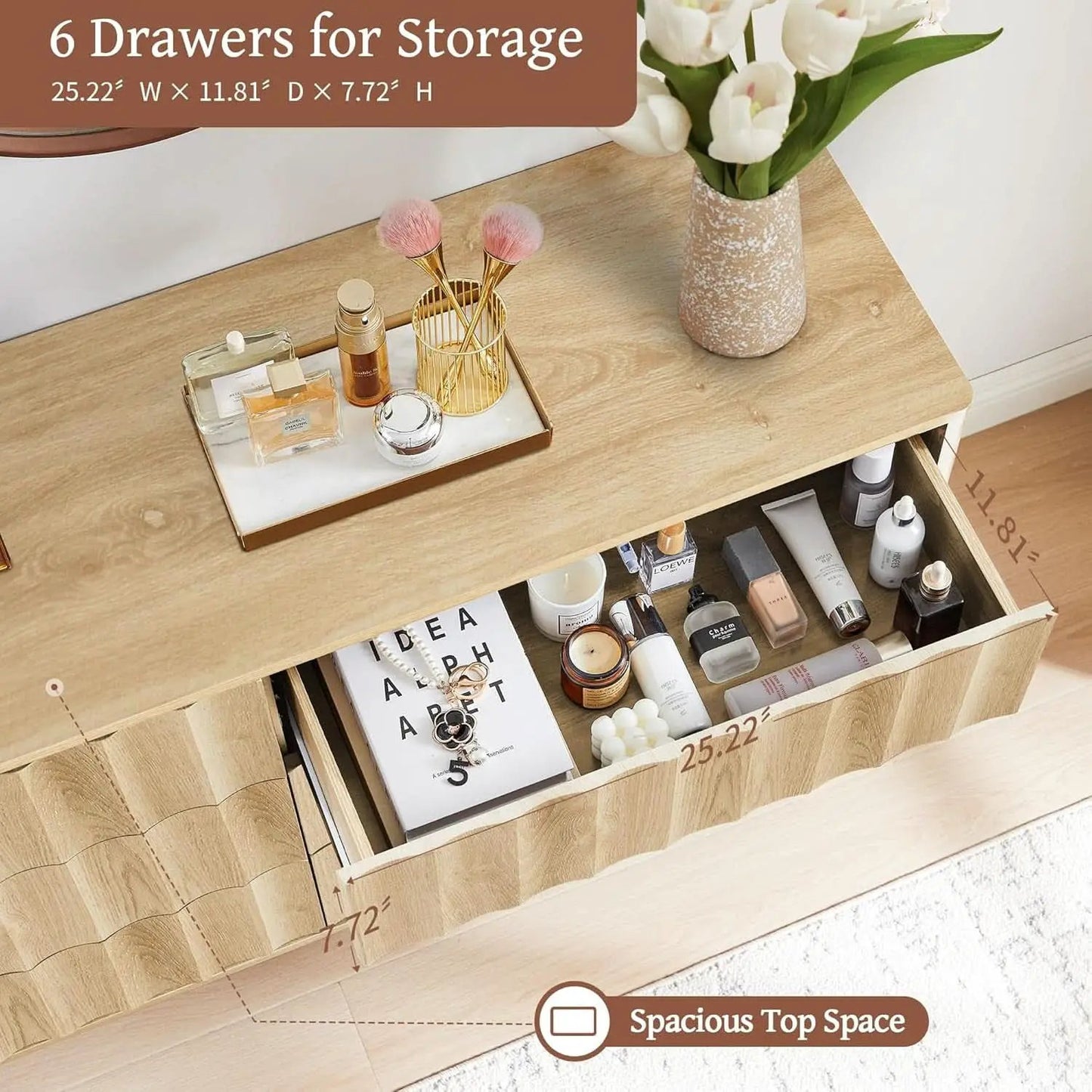 Fluted Six Drawer Dresser Walnut Finish FiftyThreeInchWide from PriceLows™