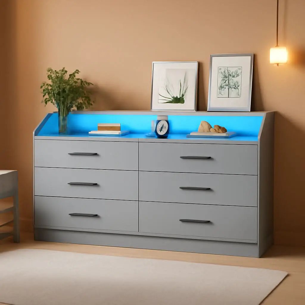 Grey Six Drawer Dresser With Power Outlet And USB Ports from PriceLows™