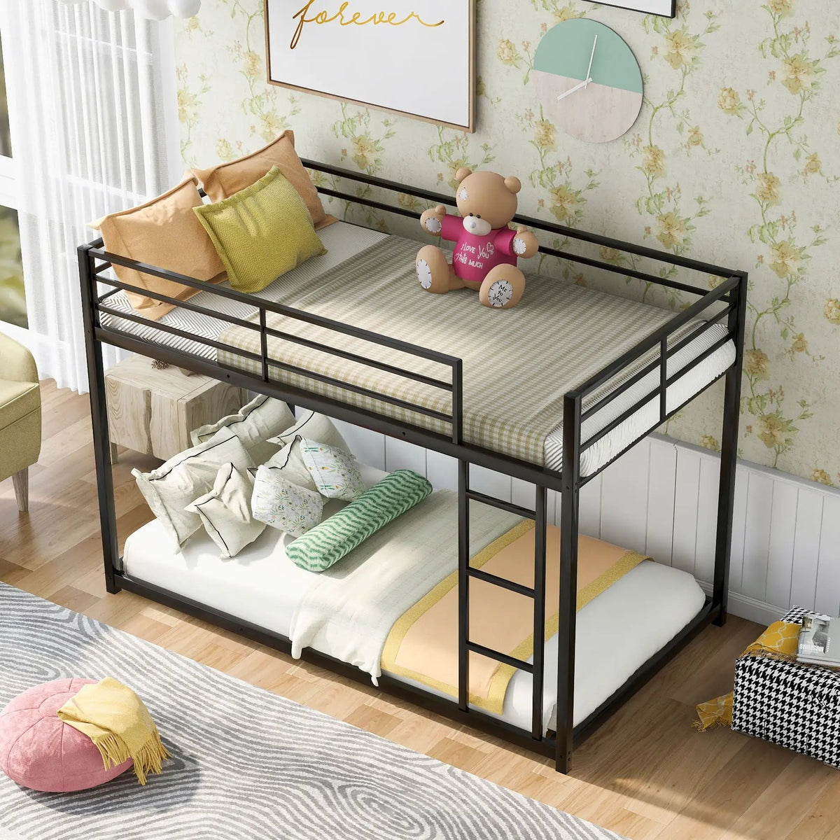 Metal Bunk Bed | Full Over Full Frame | Low Bunk With Ladder | Heavy Gauge Tubular Steel