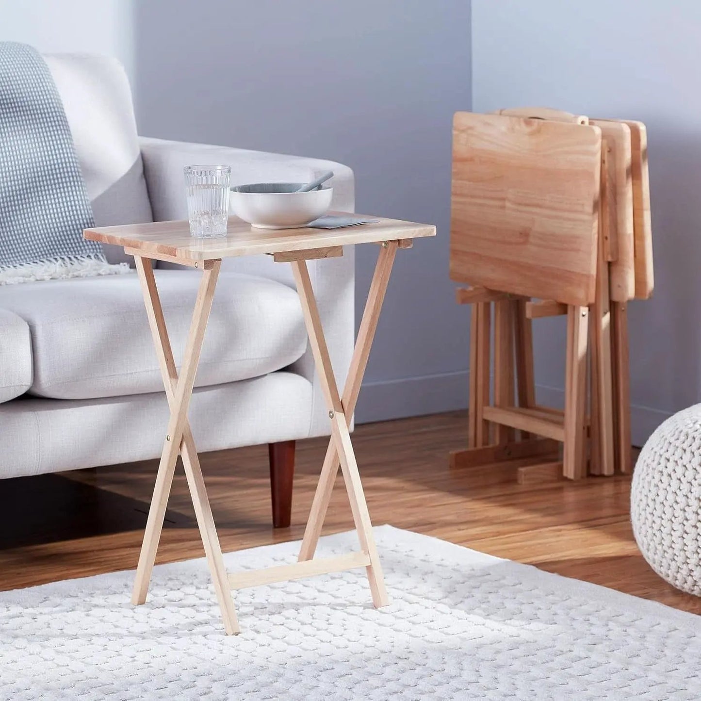 TV Dinner Tray Table Set of 4 With Storage Rack Natural from PriceLows™
