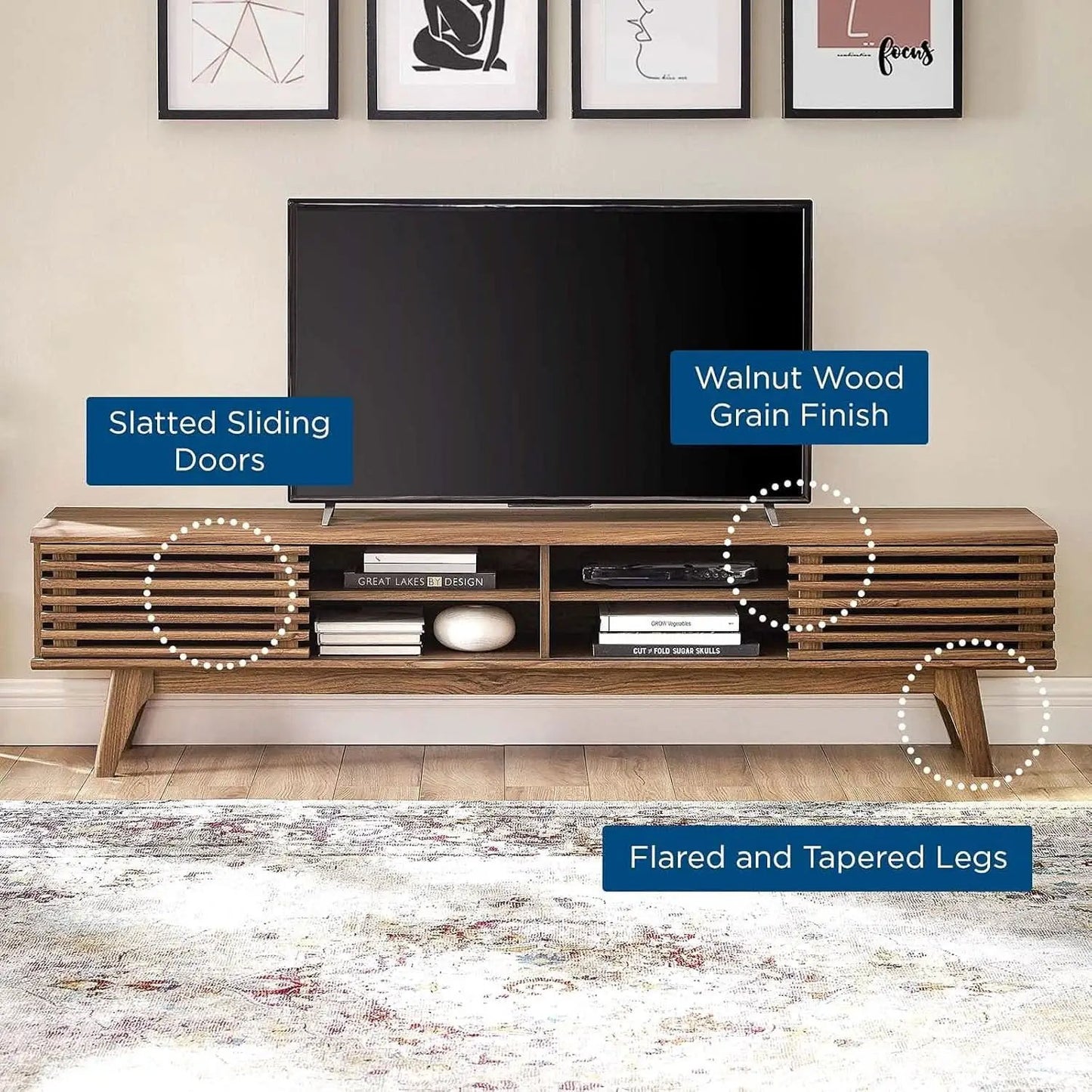 70 Inch Mid Century Modern Walnut TV Stand Console from PriceLows™