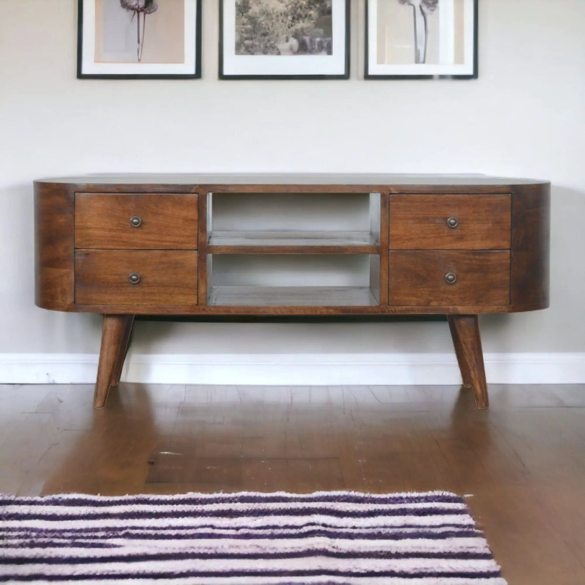 Solid Wood Rounded Entertainment Unit TV Stand | 43.31 x 13.78 x 18.5 in | Mango Wood | Living Room
