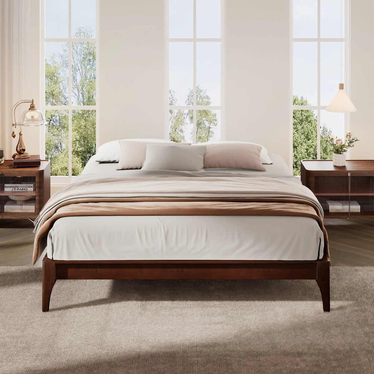 Queen Size Platform Bed Frame With Wood Slat And Metal Support Chocolate | 83.9 x 63.9 x 12 in | Bamboo & Metal | Bedroom