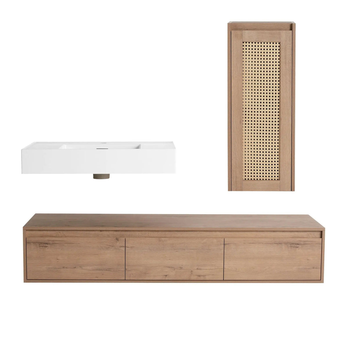 Modern Imitative Wall Mounted Bathroom Vanity With Resin Sink And Side Cabinet | 2 Pieces | Plywood & Resin | Bathroom