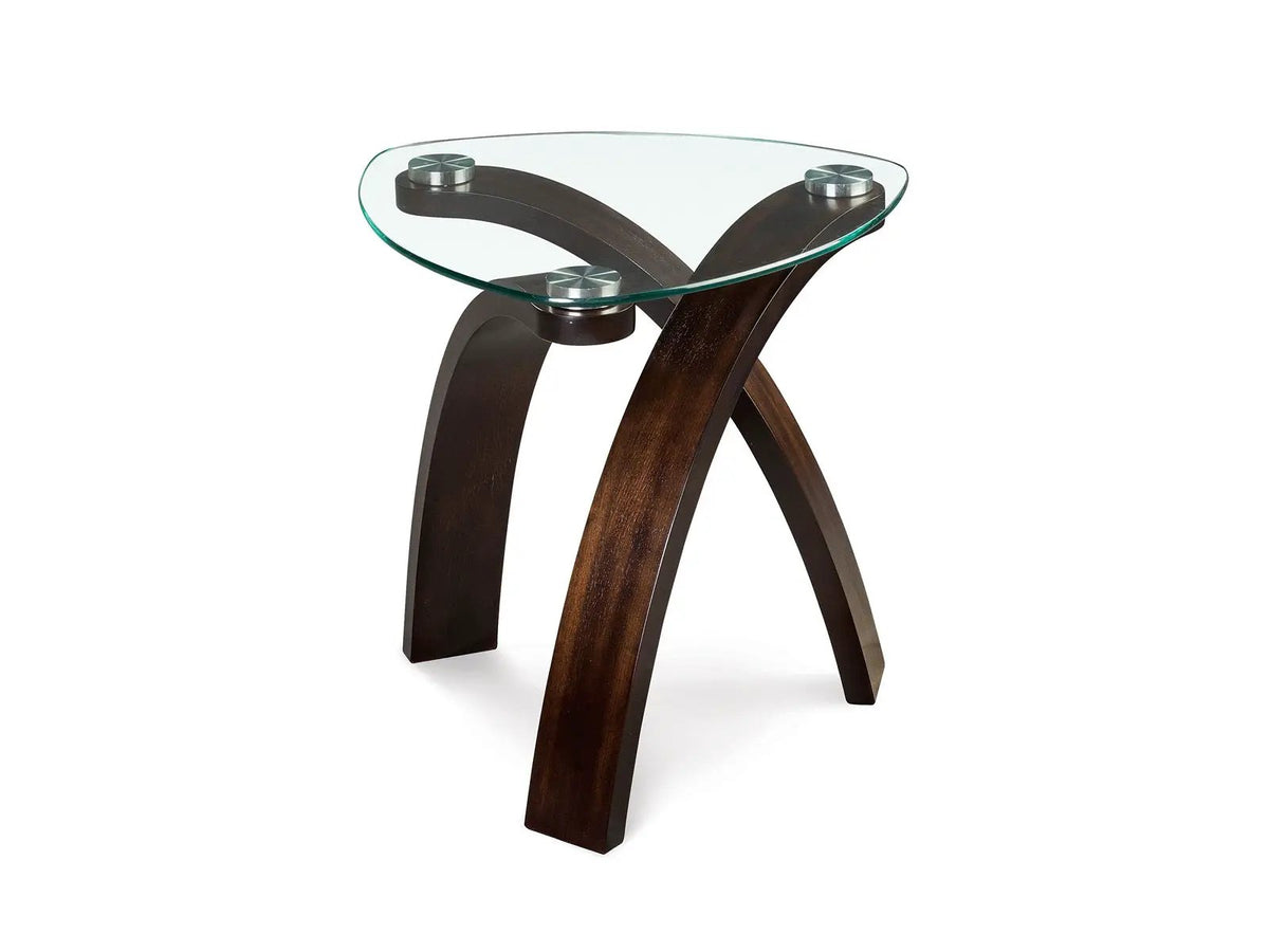 Allure End Table | Criss-Crossed Arched Base | Shaped Glass Top | Contemporary Urban Style