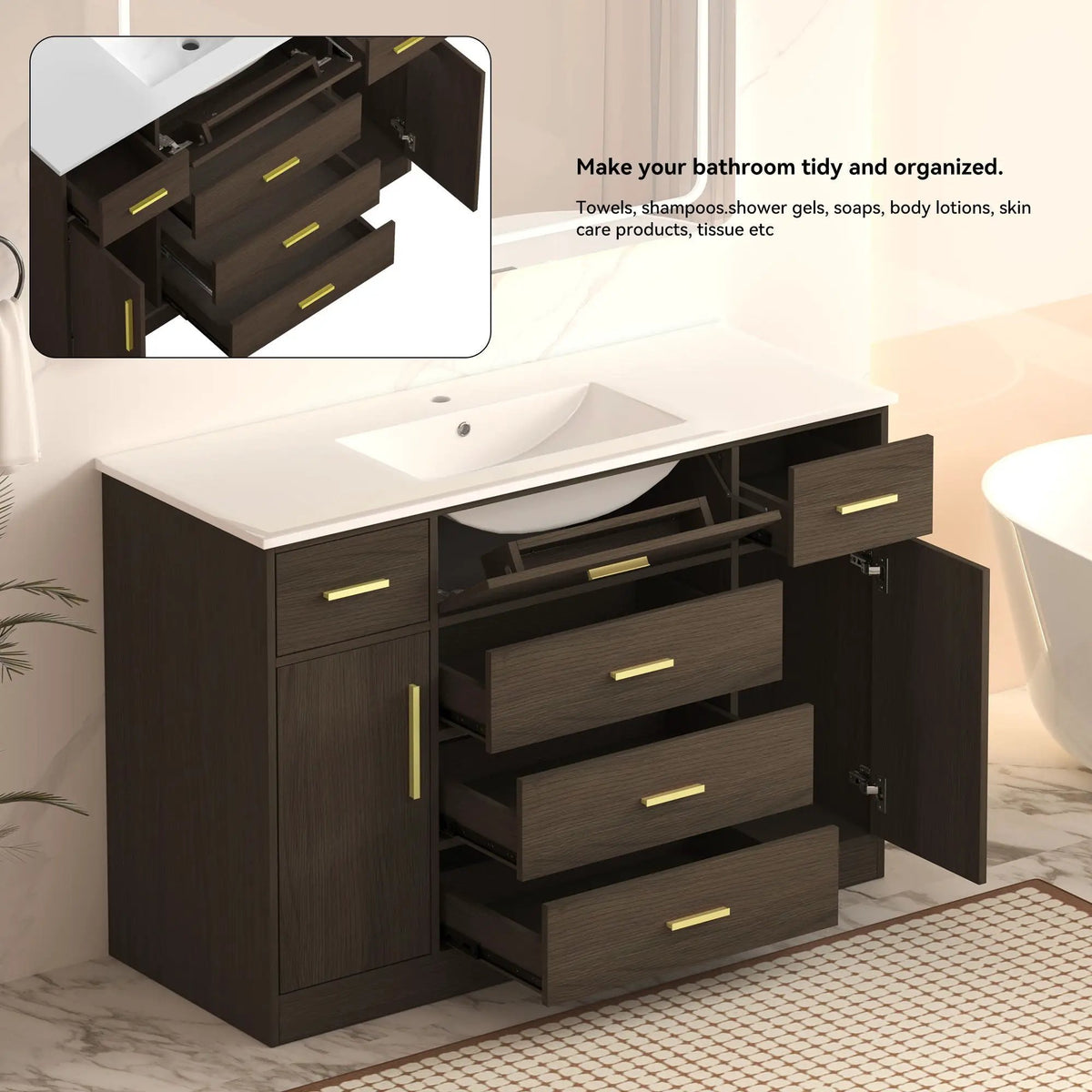 Bathroom Vanity With Abundant Storage | 2 Soft Close Doors | 6 Drawers | MDF Cabinet
