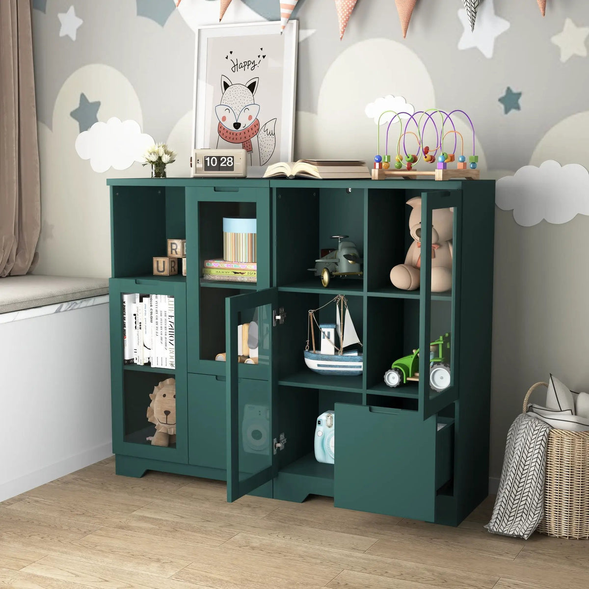 Modern Storage Cabinet | Adjustable Shelves | Double Glass Doors | Gray