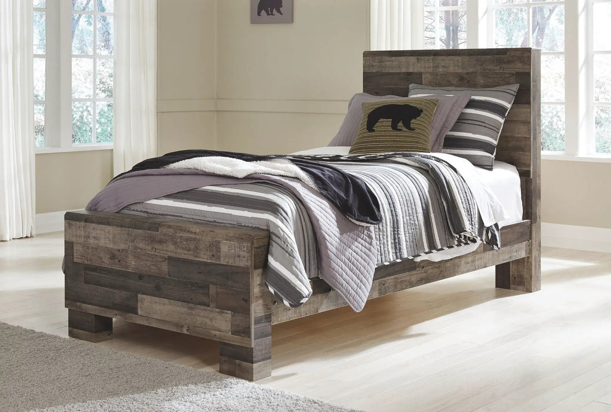 Derekson Youth Panel Bedroom Set | 4-Piece | Rustic Butcher Block Finish | Replicated Pine Grain