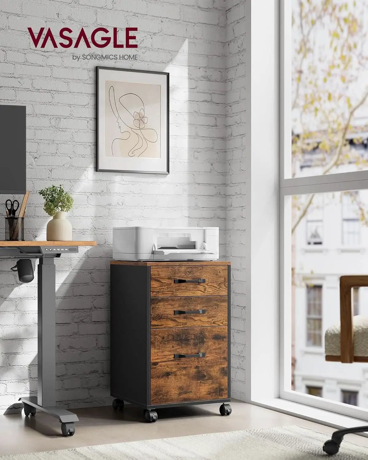 Three Drawer File Cabinet With Wheels For A4 And Letter Documents Rustic Brown from PriceLows™