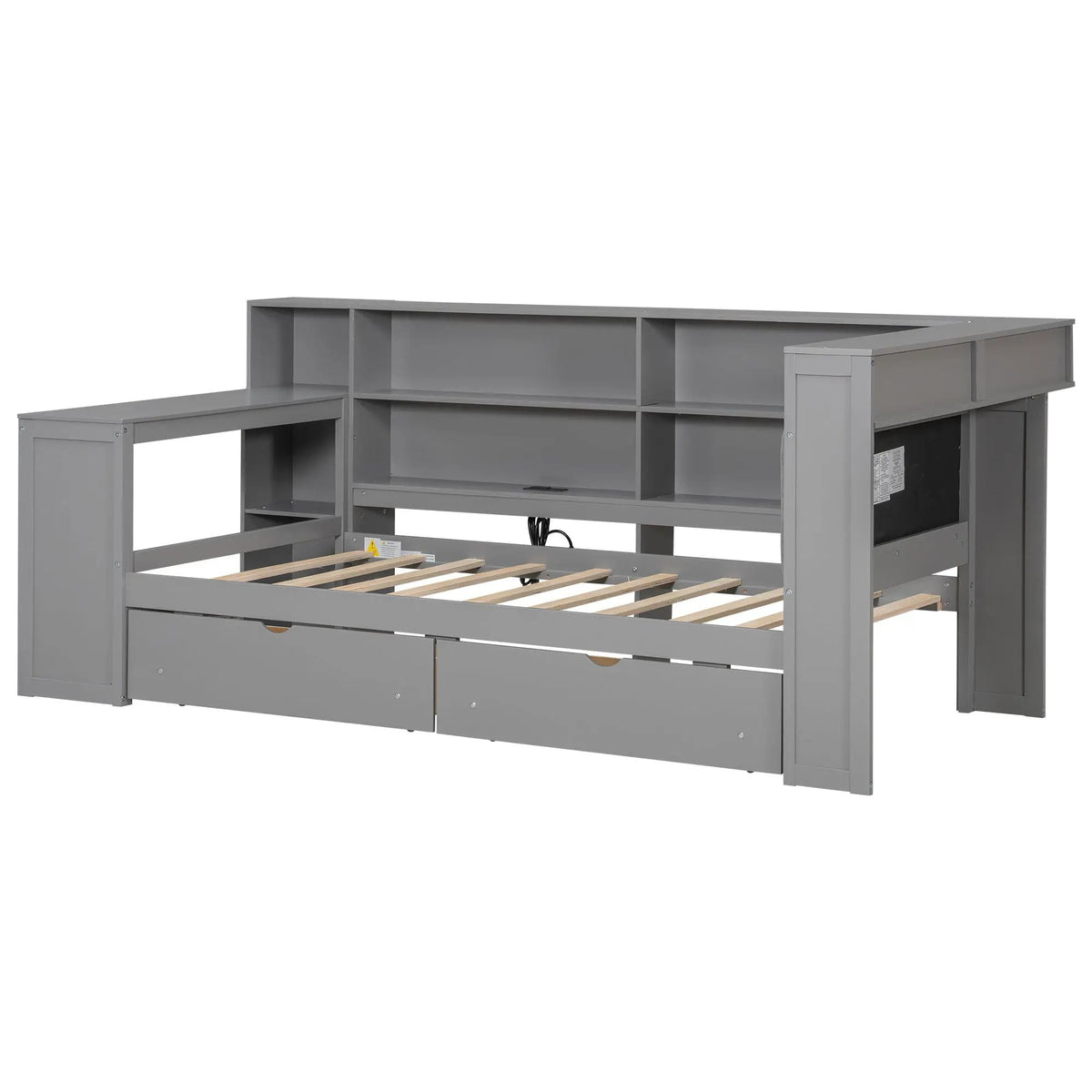 Upholstered Platform Storage Bed | Eight Open Shelves | Two Drawers | LED Lighting And Charging Station