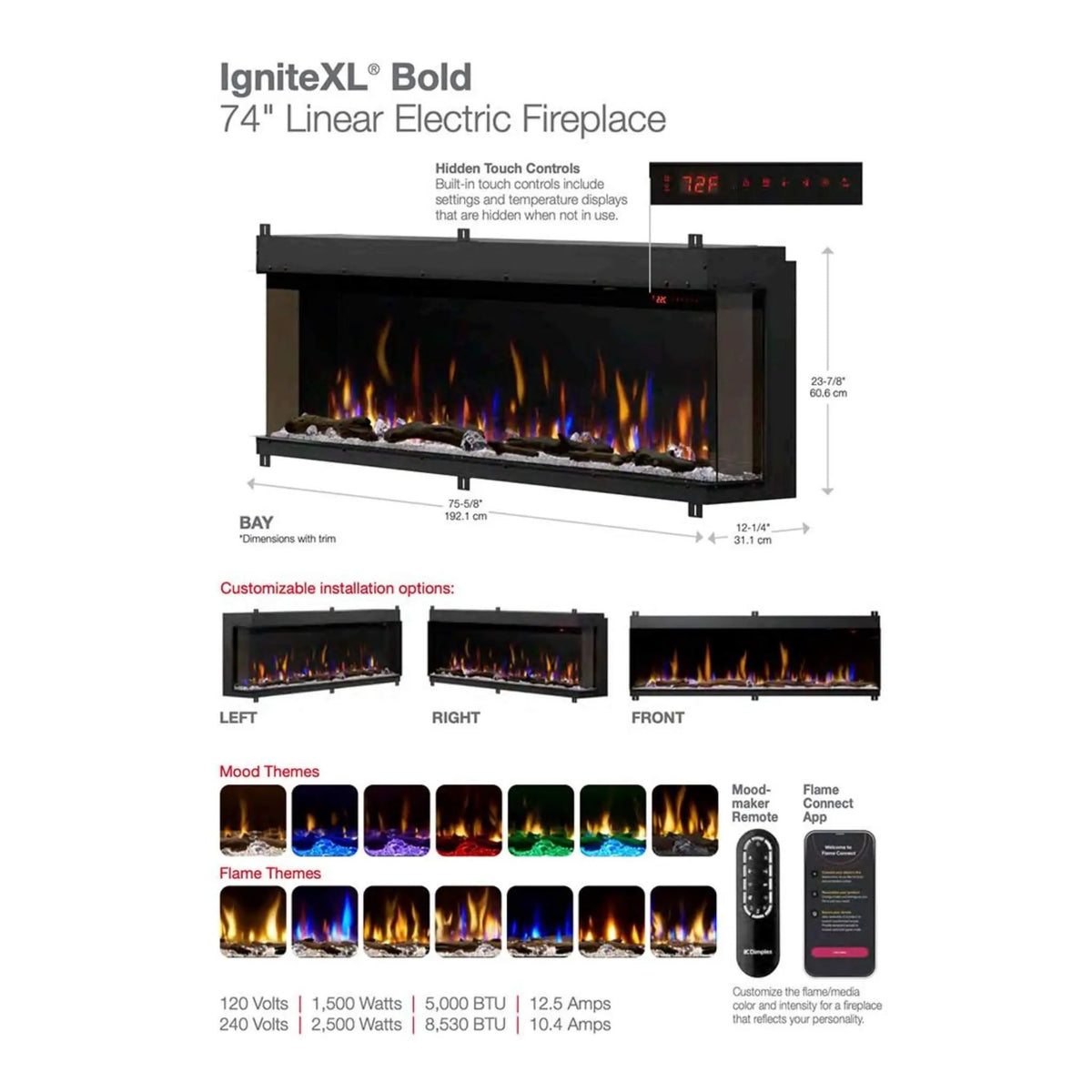 Built-In Linear Electric Fireplace | Dimplex IgniteXL Bold | 74 Inch Deep Design | Multi-Color Flames