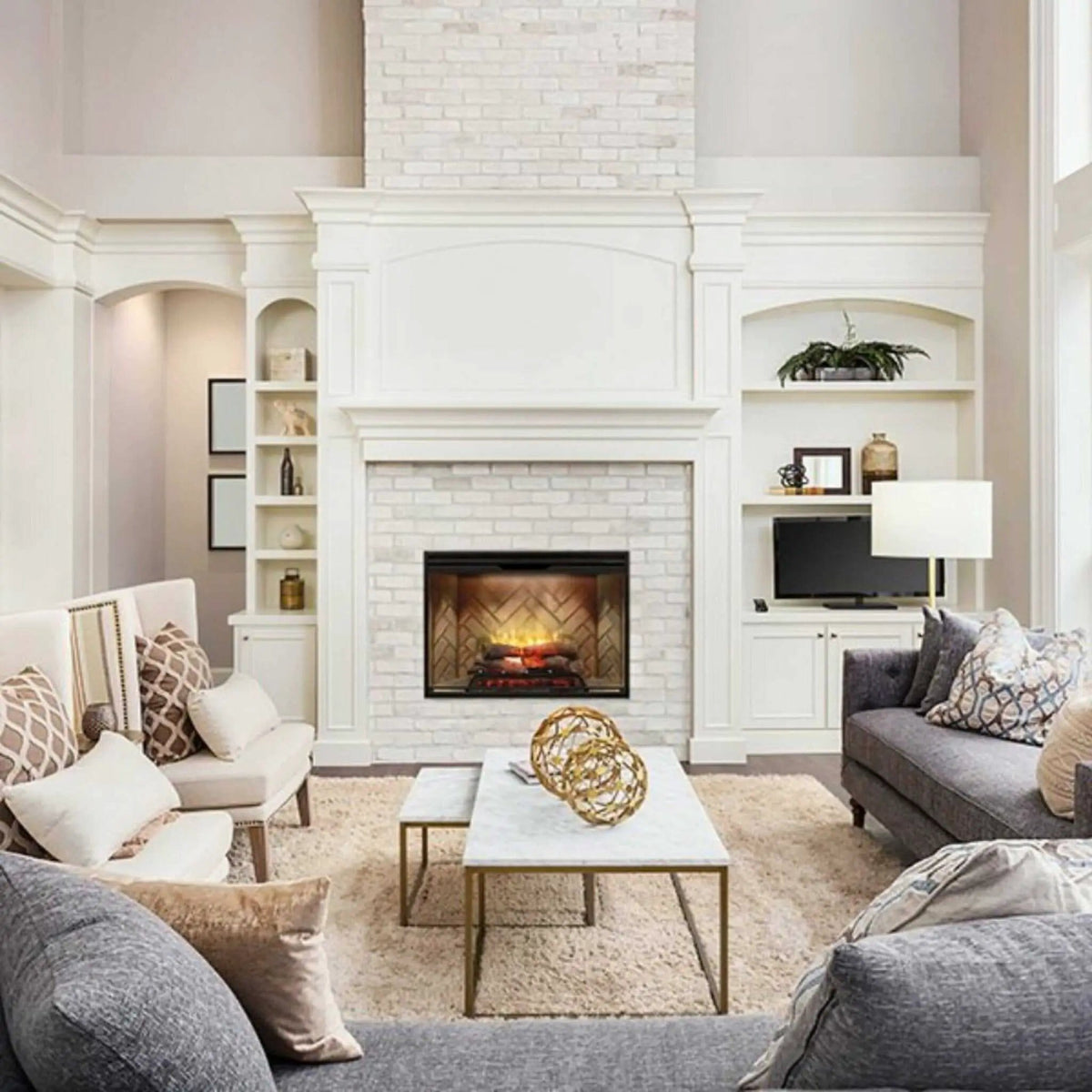 Dimplex Revillusion Herringbone Brick Built-In Electric Firebox With Front Glass | Glass | Electric Fireplace | Living Room