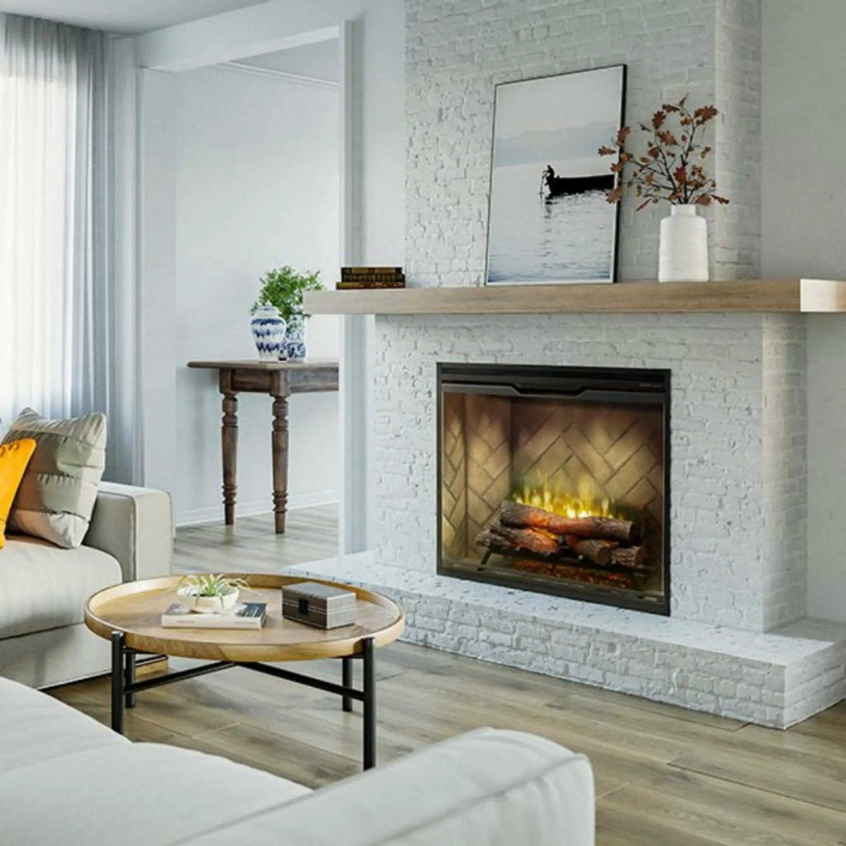 Dimplex Revillusion Herringbone Brick Built-In Electric Firebox With Front Glass | Glass | Electric Fireplace | Living Room