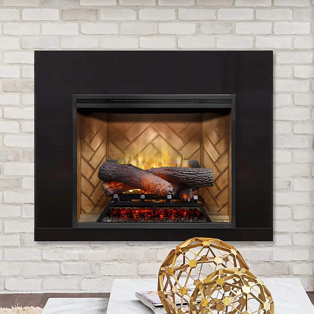 Dimplex Revillusion Herringbone Brick Built-In Electric Firebox With Front Glass | Glass | Electric Fireplace | Living Room