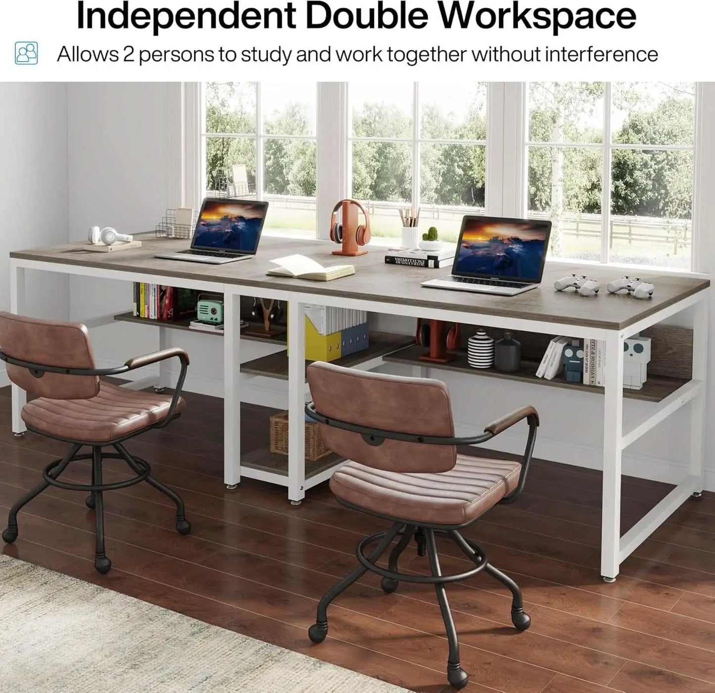 Double Workstation Desk For Two Person With Shelf from PriceLows™
