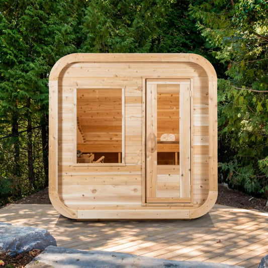 Dundalk Leisurecraft 4 Person Canadian Timber Luna Cube Sauna With Sloped Roof And | 4-Person | Tempered Glass | Outdoor Living