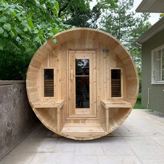 Dundalk Leisurecraft 6 Person Canadian Timber Tranquility Barrel Sauna With Front | 6-Person | Wood | Outdoor Living