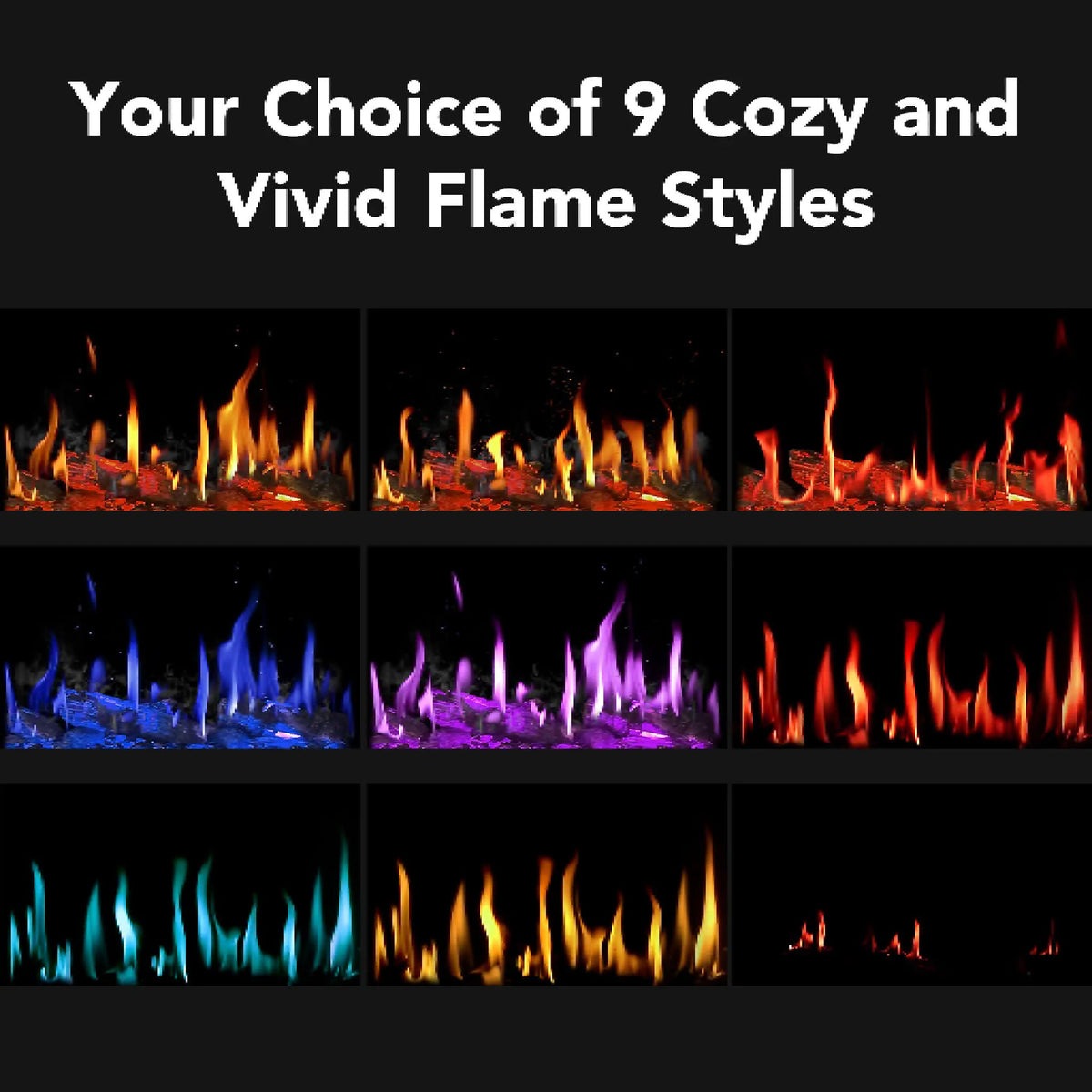 Virtual Linear Electric Fireplace | Dynasty Tempo 63 Inch | Nine Flame Styles | Multifunction Remote