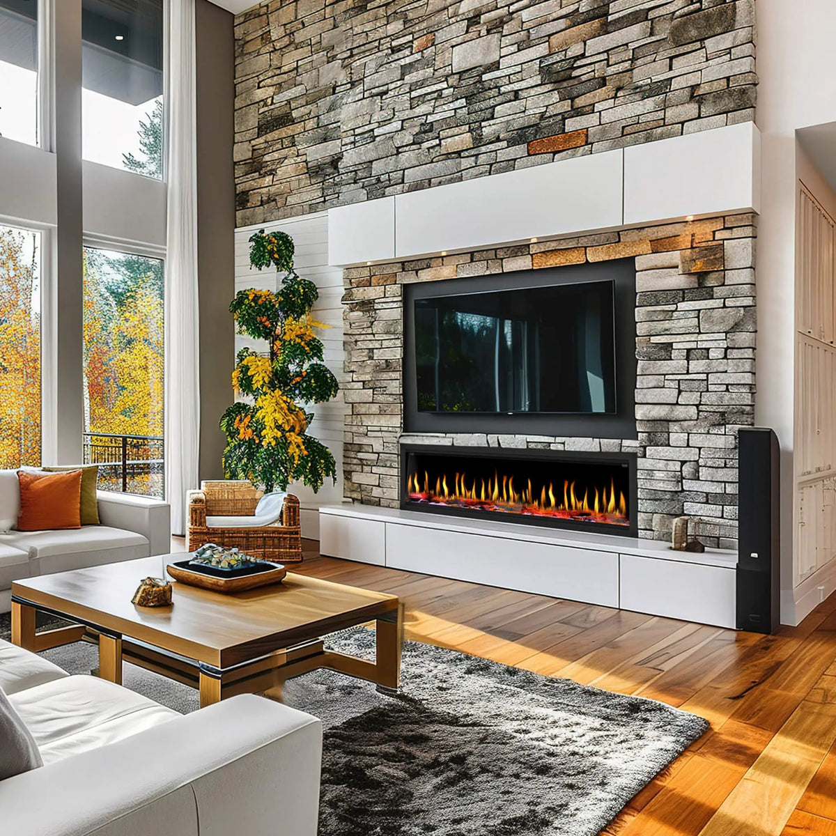 Virtual Linear Electric Fireplace | Dynasty Tempo 63 Inch | Nine Flame Styles | Multifunction Remote