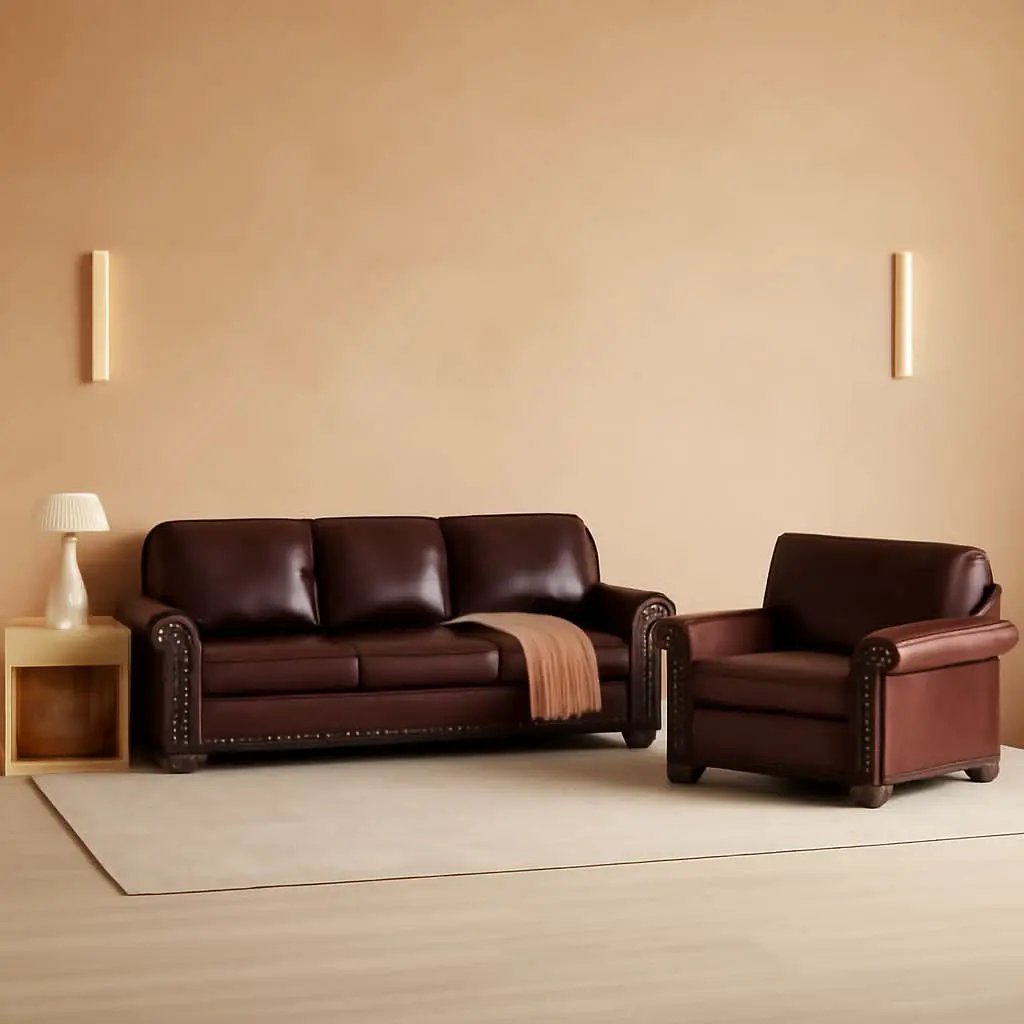 Two Piece Upholstered PU Leather Sofa Set With Hidden Storage Red Brown Mid Century Modern Living Room Furniture from PriceLows™