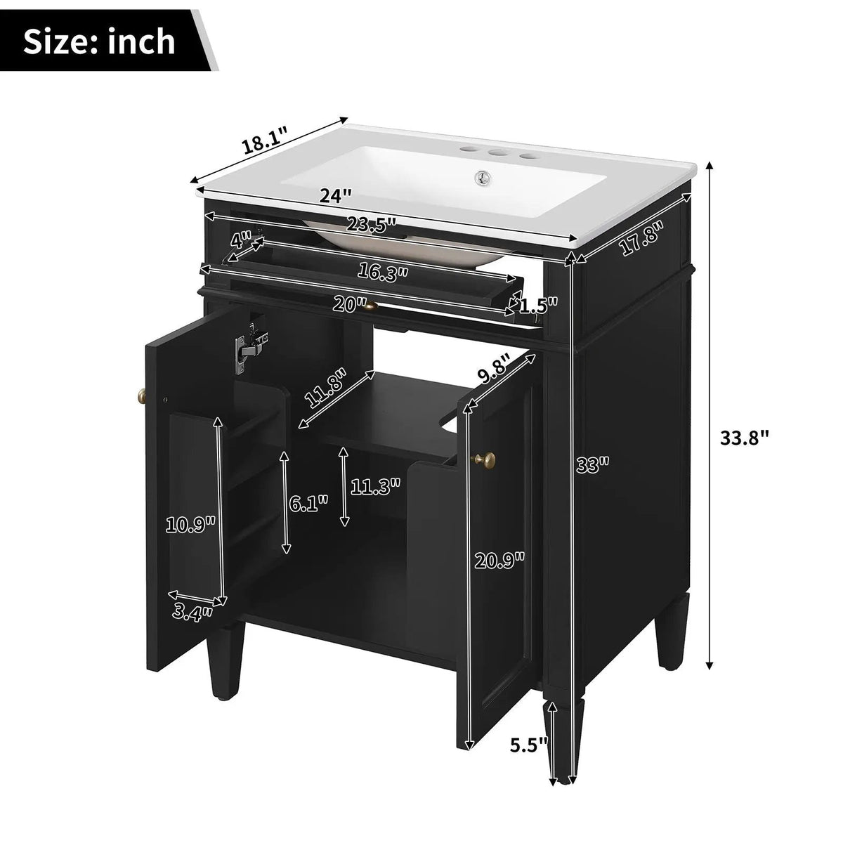 24 Inch Bathroom Vanity | 2 Doors | Tip Out Drawer | Soft Closing Hinges