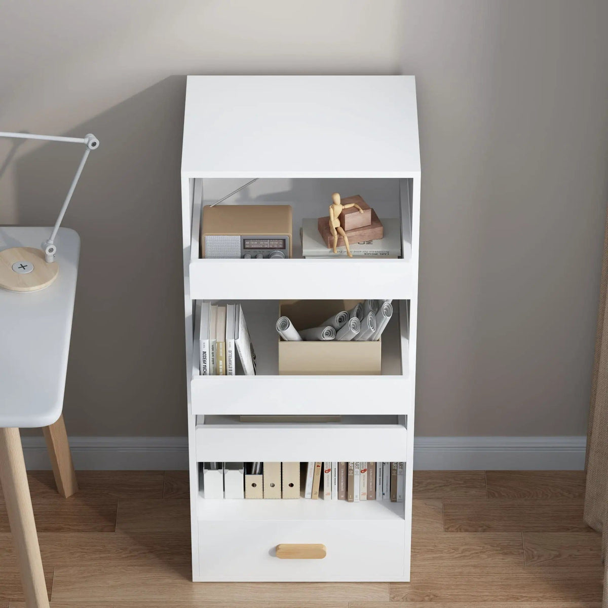 4 Tier Freestanding Bookshelf With 3 Sliding Drawers And 1 Bottom Drawer - Bookcase | 18.9 x 14.96 x 42.13 in | Engineered Wood | White