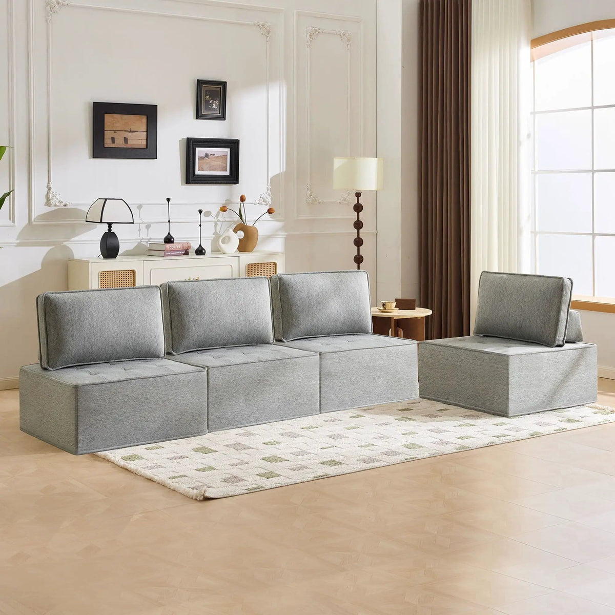Sofa With Modular Splicing Design Armless Chair | 2 Pieces | Solid Wood & Linen | Living Room