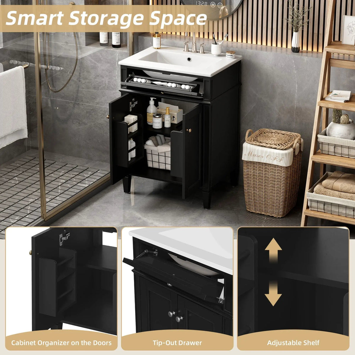 24 Inch Bathroom Vanity | 2 Doors | Tip Out Drawer | Soft Closing Hinges