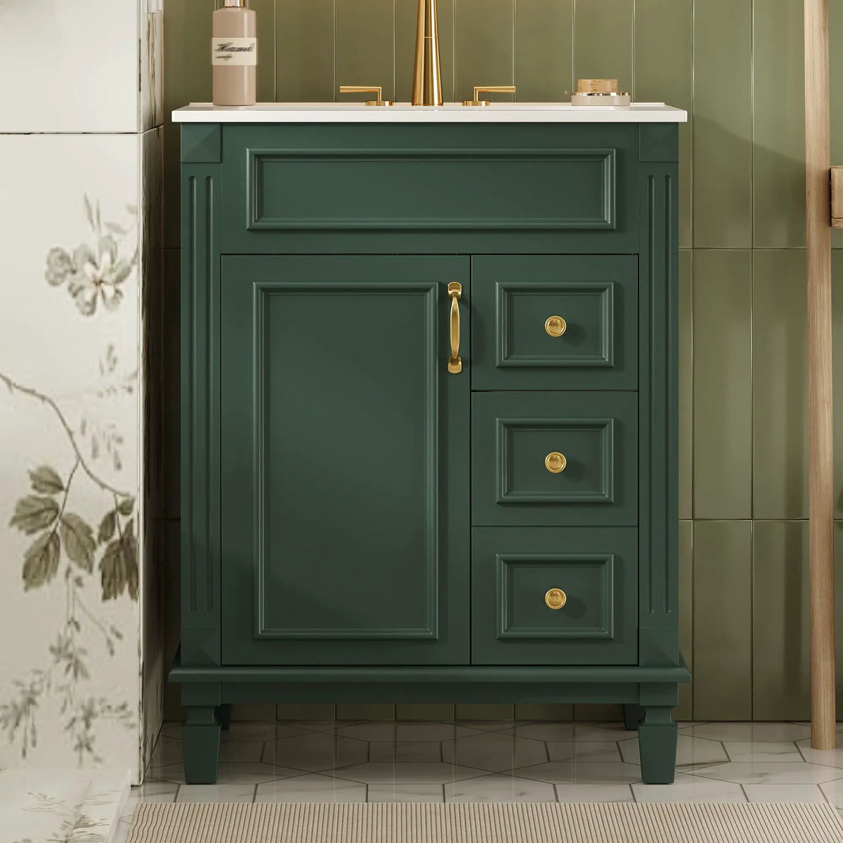 24 Inch Compact Bathroom Vanity | 2 Deep Drawers | Adjustable Shelf | Retro Button Handles