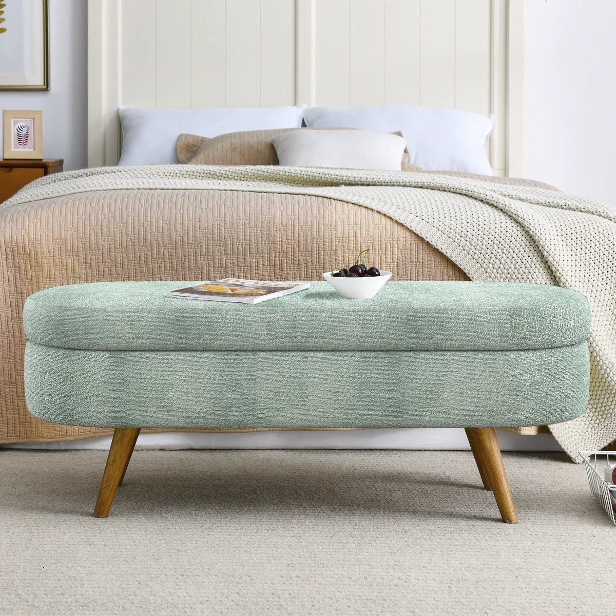 Oval Storage Ottoman Bench | Rubber Wood Legs | Pleated Dark Fabric | Footstool Or Extra Seating