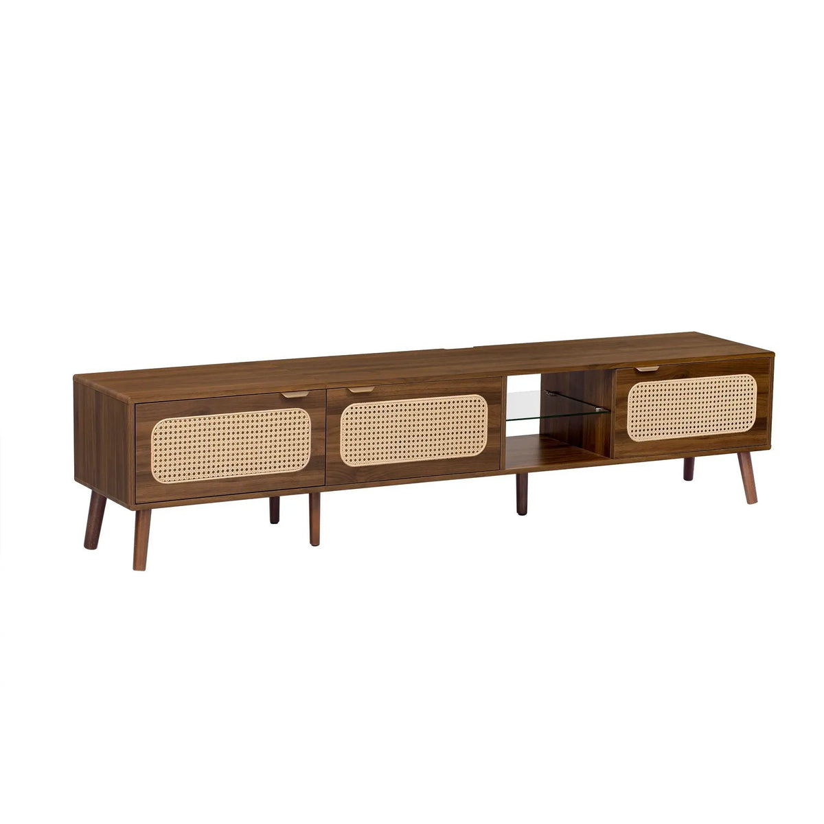 TV Stand | 78 Inch Wide | Rattan And Glass | Walnut Finish