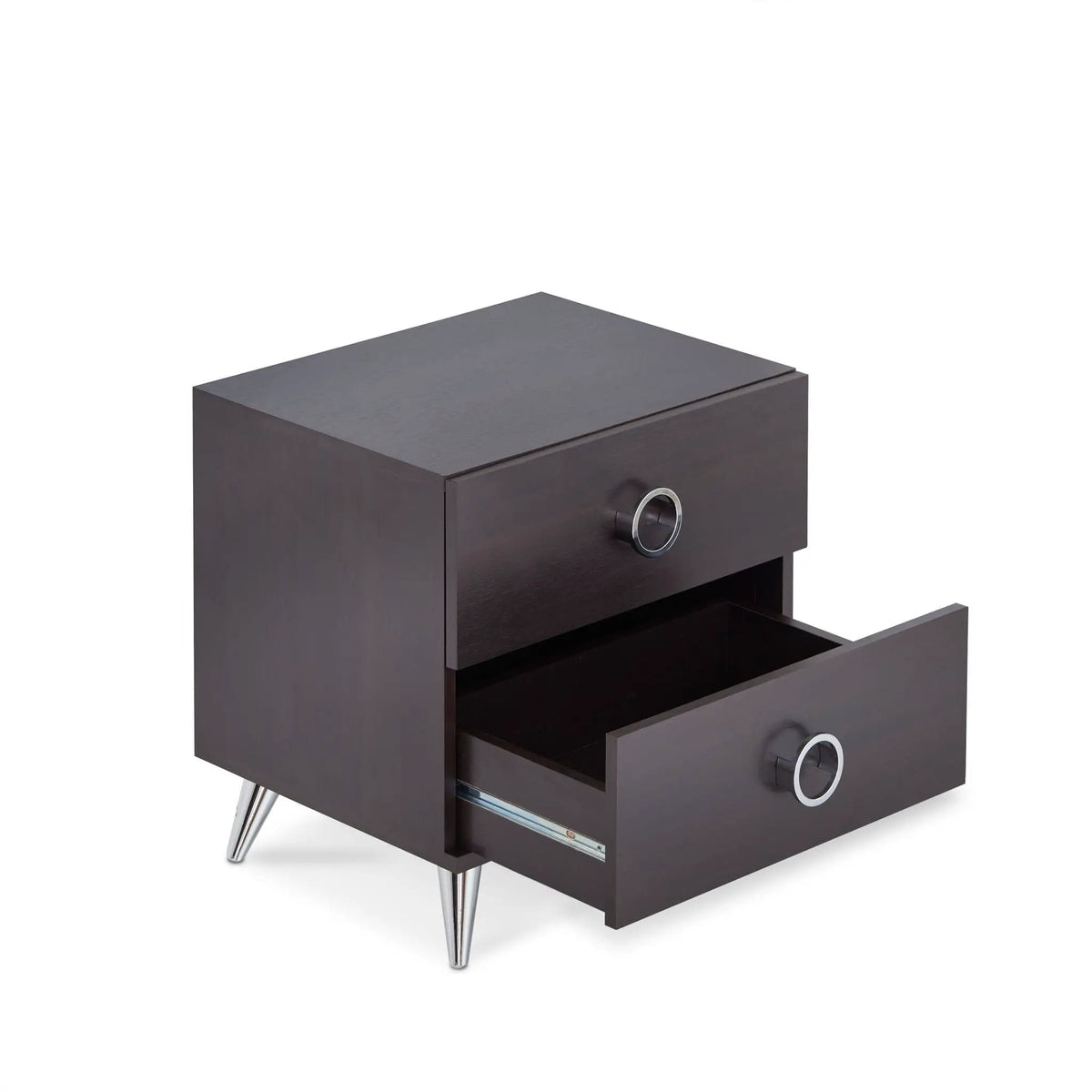 Elms Accent Table Nightstand | Espresso Finish | Two Storage Drawers | Silver Ring Handles