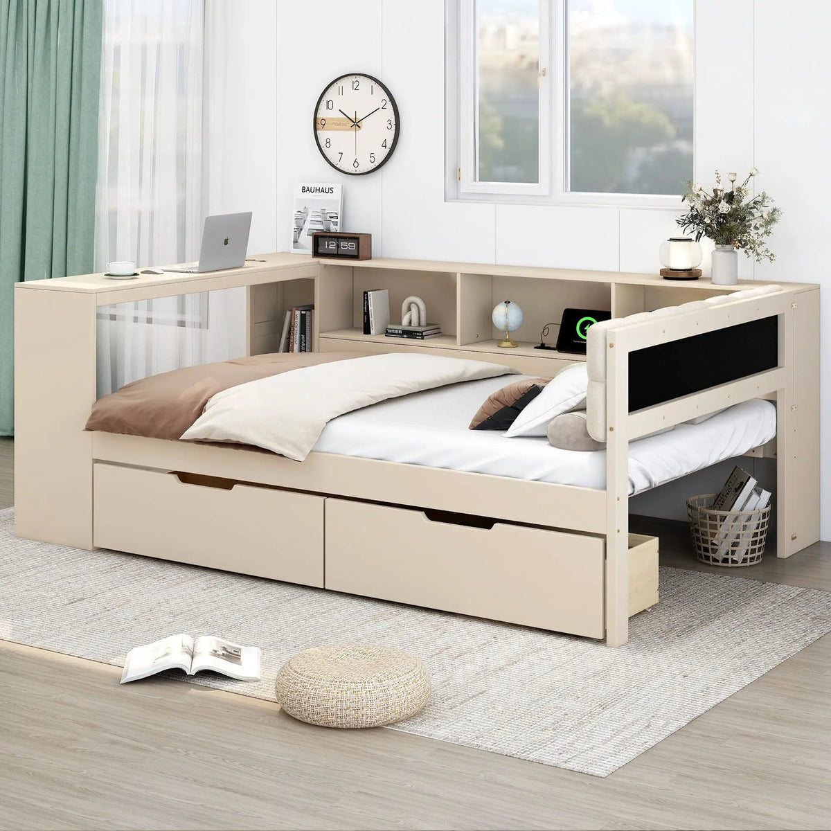 Upholstered Headboard Platform Bed | Storage Shelves | Two Drawers | Charging Station