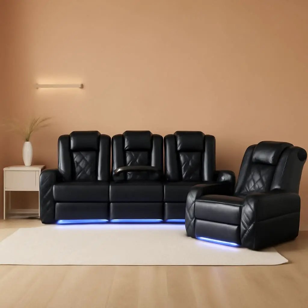Black Leather Reclining Sofa Set With LED Light Living Room from PriceLows™