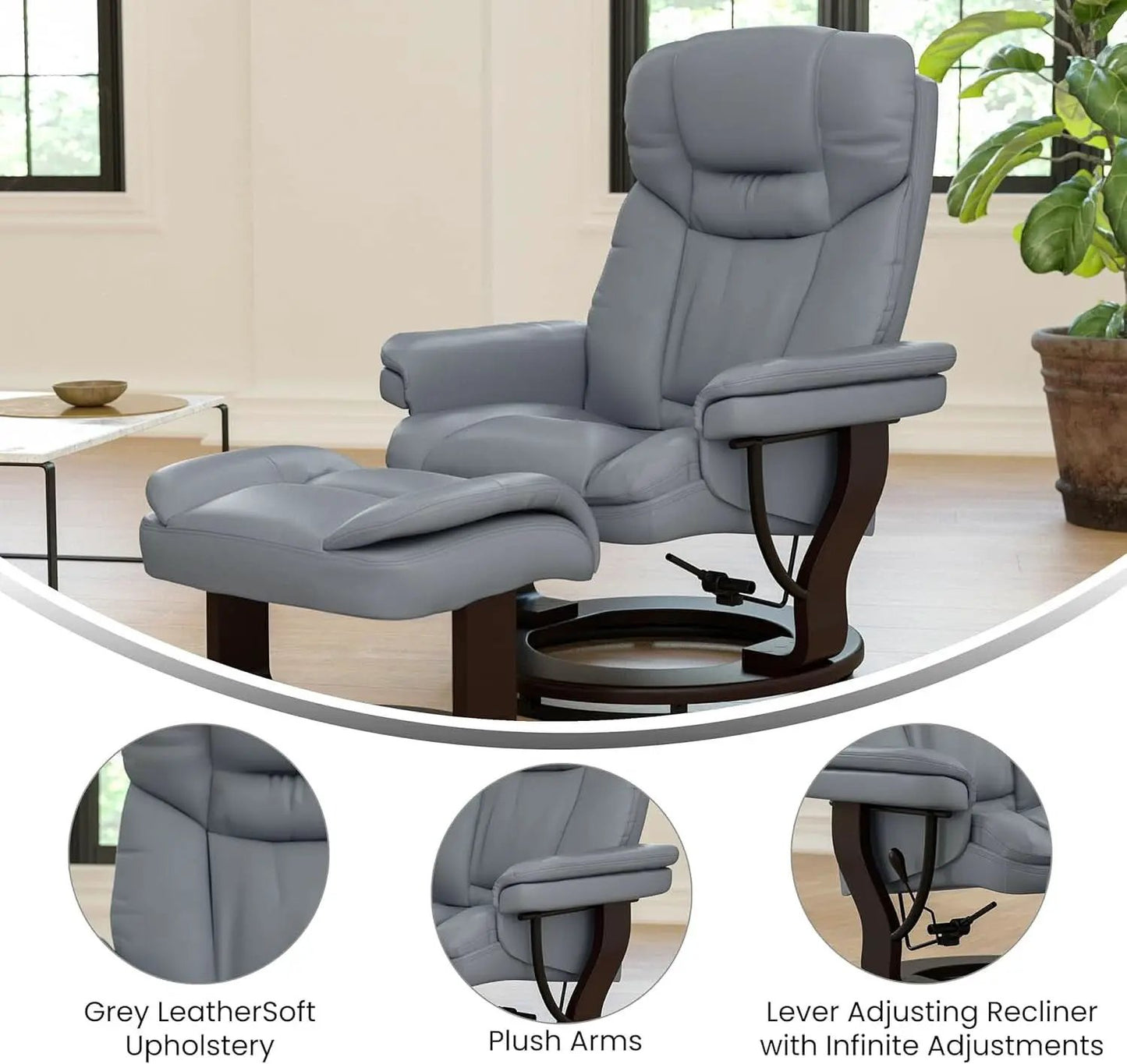 Gray Recliner With Swivel Mahogany Base And Ottoman from PriceLows™