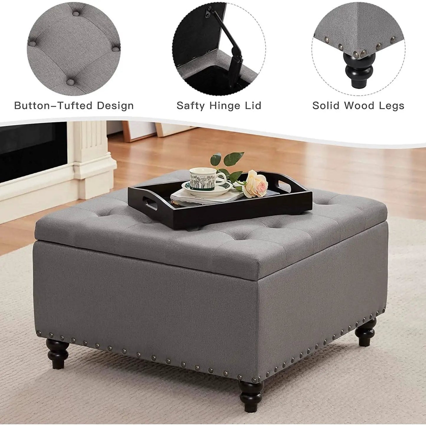 Grey Tufted Storage Ottoman With Tray Square Coffee Table from PriceLows™