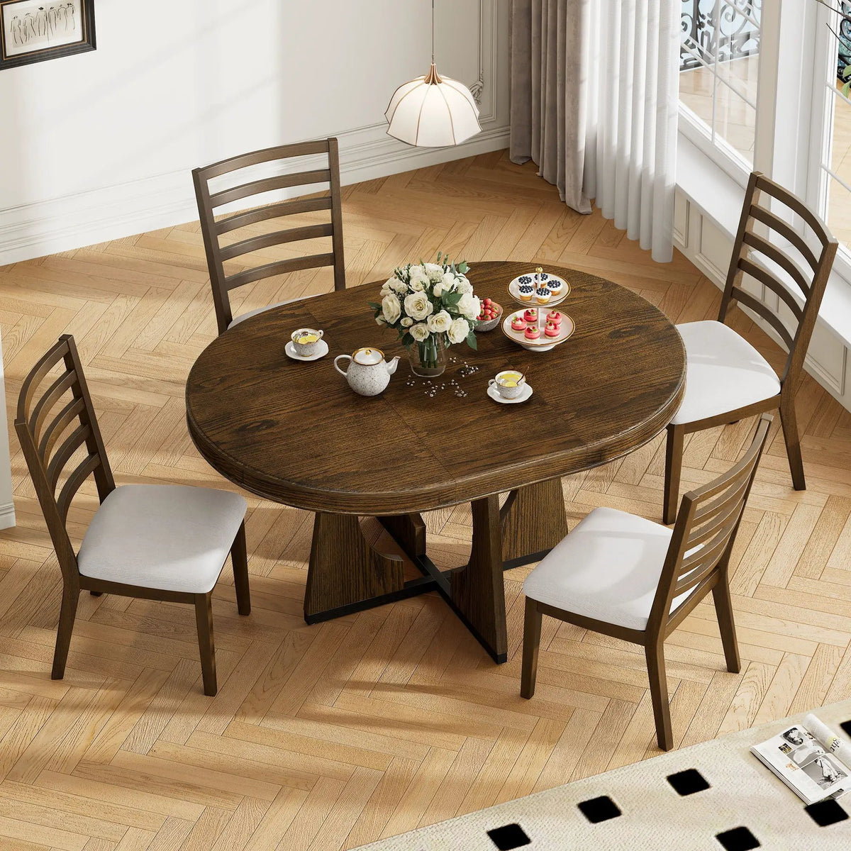 Round Dining Table Set | Extendable Top | 4 Chairs Included | 4 Seater