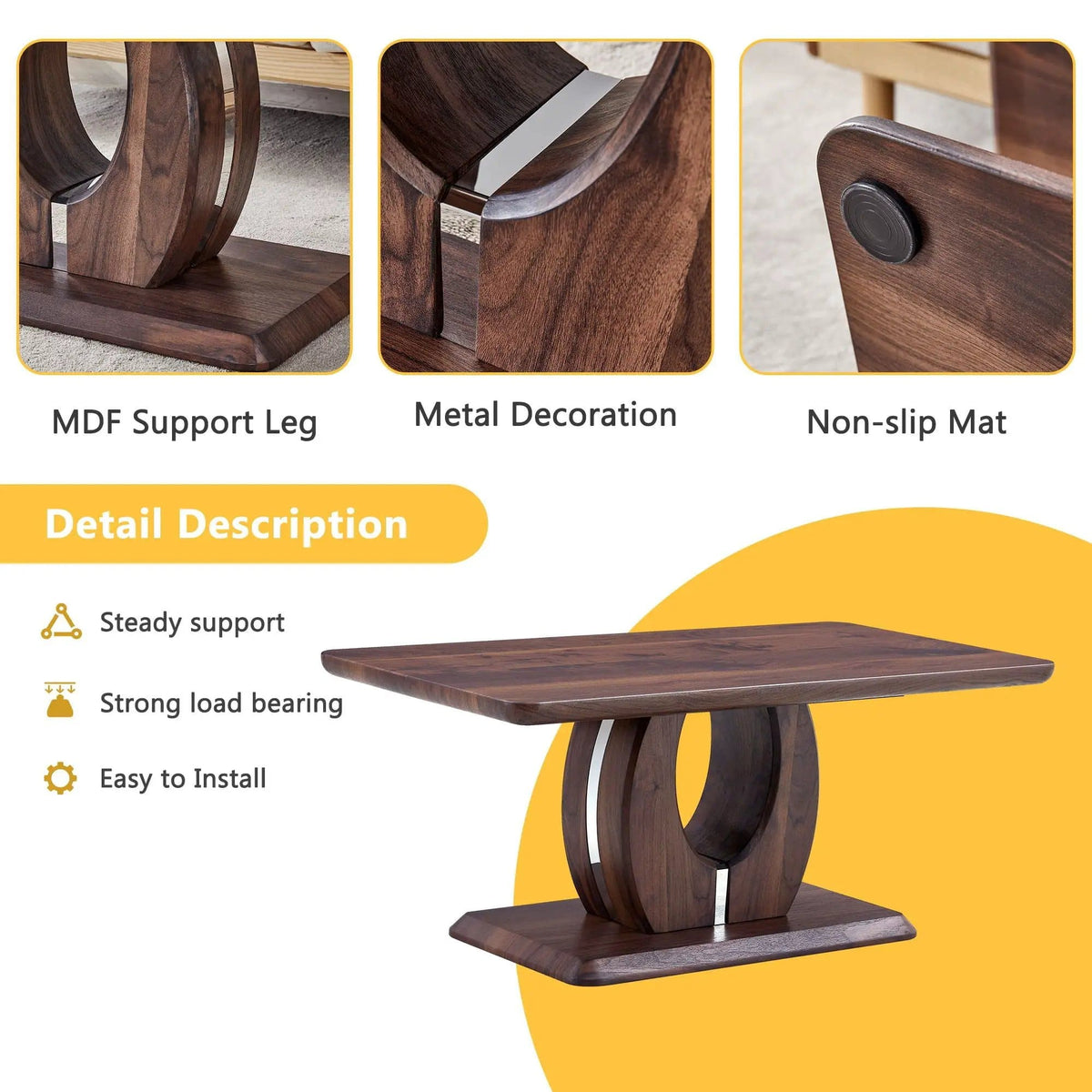 Modern, Minimalist Rectangular Coffee Table | 43.3 x 22.4 x 18.3 in | Walnut | Living Room
