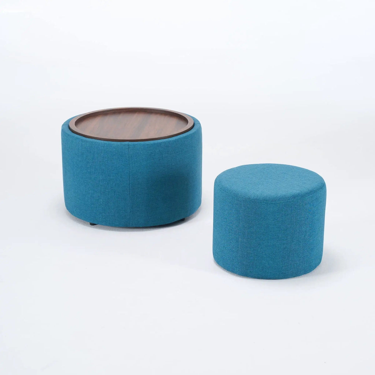 Nesting Ottomans, Round Coffee Table & Bench With Tray (Set of 2) | 4 Piece Living Room Set | Fabric & Wood | Living Room