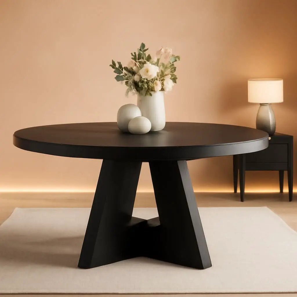 Round Wood Dining Table Farmhouse 47 Inch For Dining Room With Cross Base Black from PriceLows™