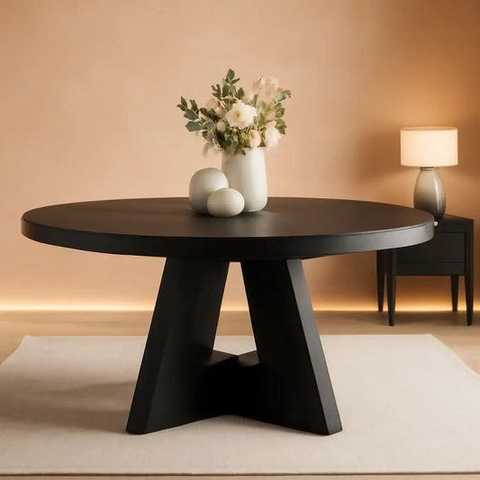 Round Wood Dining Table Farmhouse 47 Inch For Dining Room With Cross Base Black from PriceLows™
