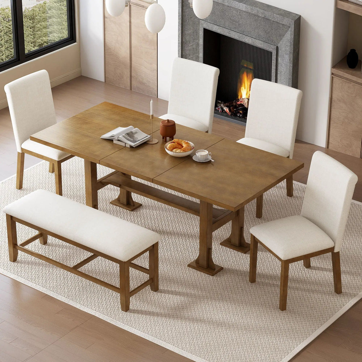 Farmhouse Dining Table Set | Solid Wood | Removable Leaf | 6 Piece