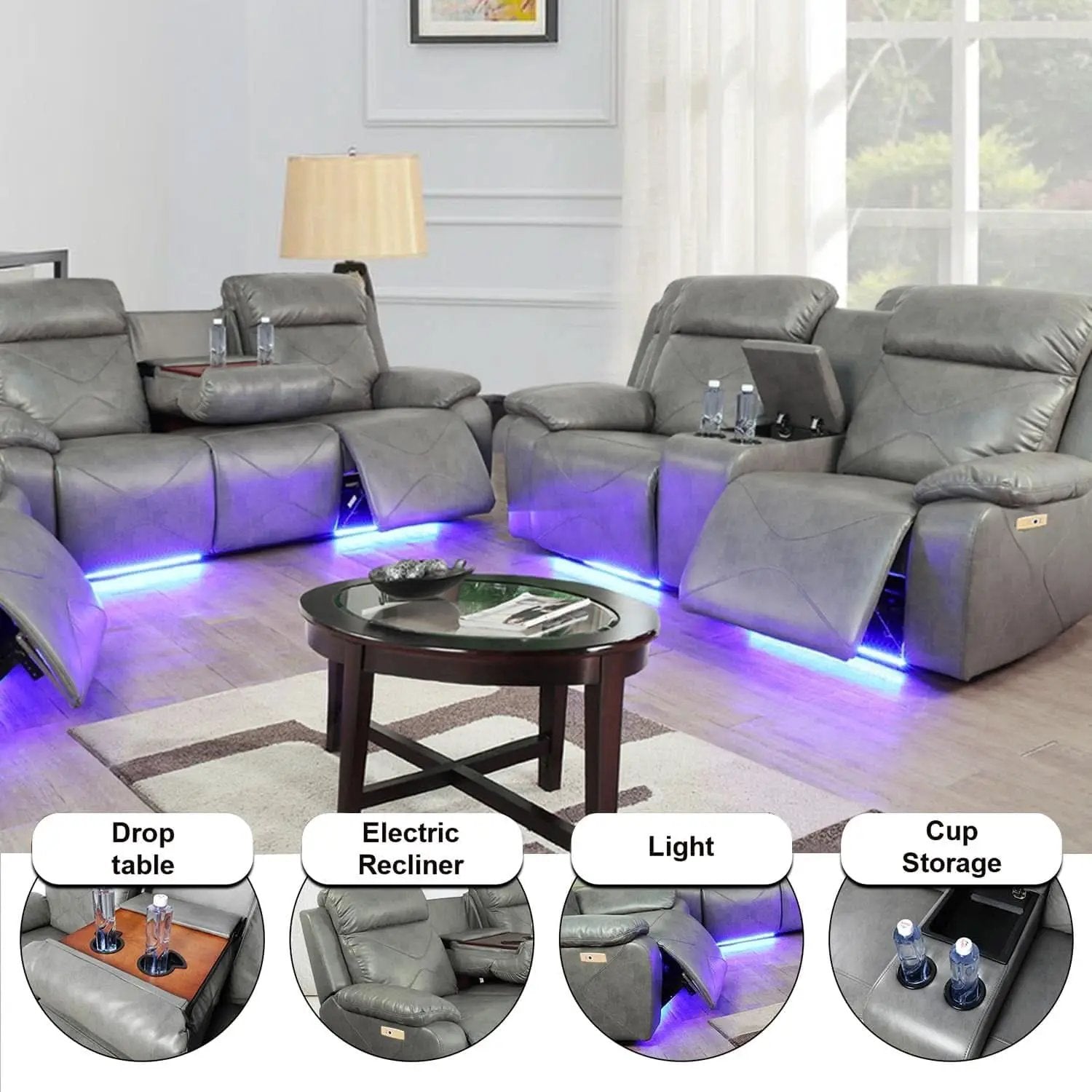 Power Leather Recliner Sofa Set, 2 Piece With LED Lights And USB Ports, Grey from PriceLows™